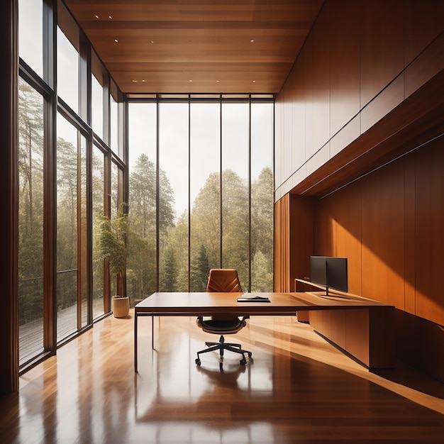 A room with a desk and a large window that has a view of the forest.