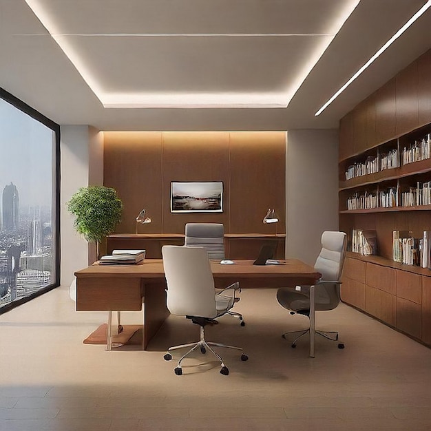 a room with a desk and a large window that says city view