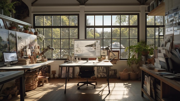 A room with a desk and a monitor that says'home office'on it