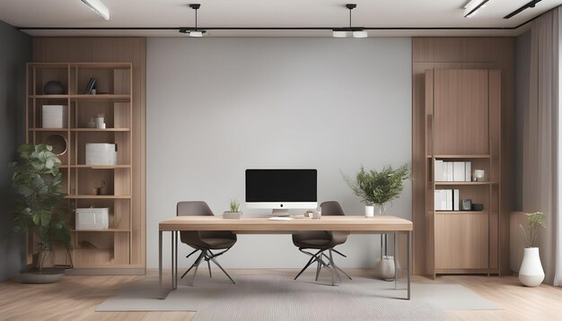 a room with a desk and a monitor with a plant on it