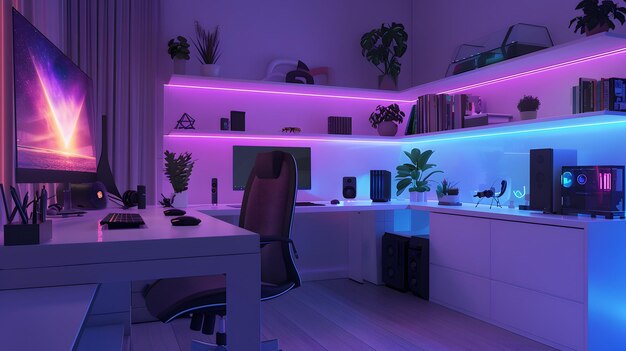 Photo a room with a desk and a monitor with a purple light on it