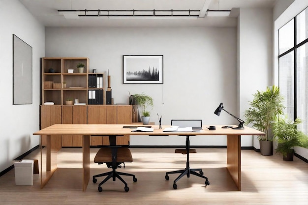 a room with a desk and a picture of a city in the background