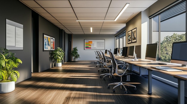 a room with a desk and a picture of a plant on the wall