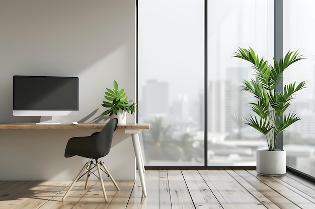 a room with a desk and a plant in the corner