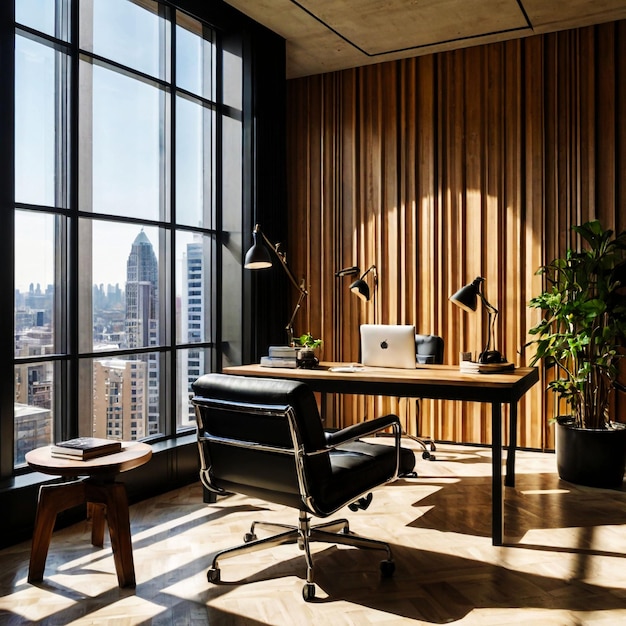 a room with a desk and a potted plant on the table