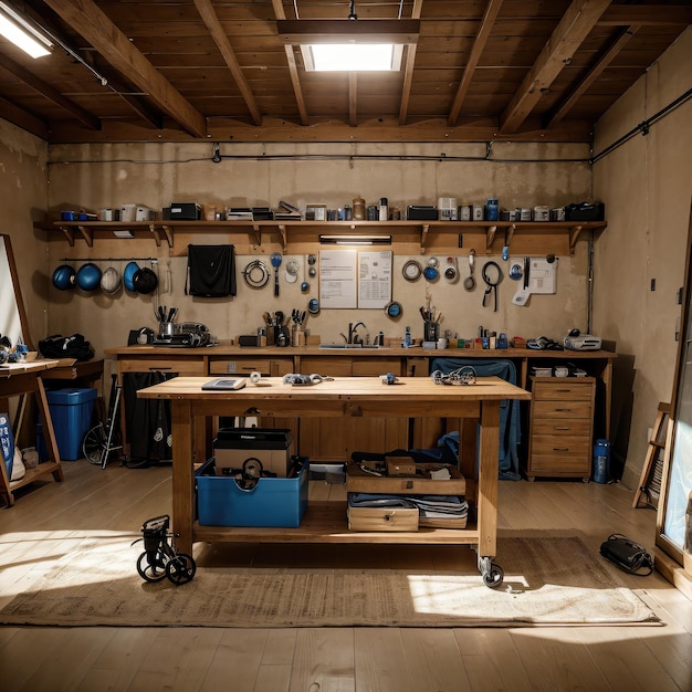 Photo a room with a desk and a sign that says google on it