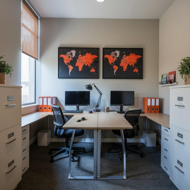 Photo a room with a desk and two monitors with the word quot pompei quot on the wall