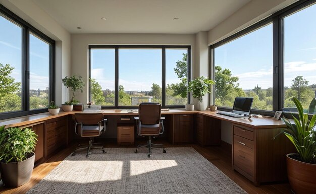 a room with a desk and a window that has a view of the city