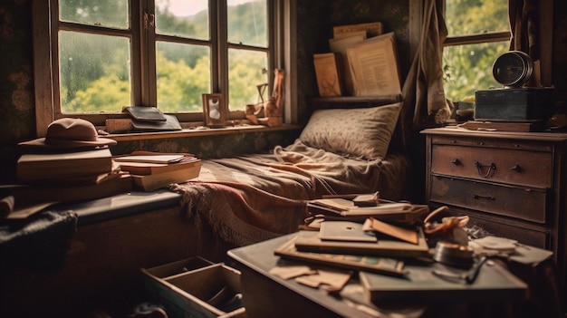 A room with a desk and a window that says'the word'on it '