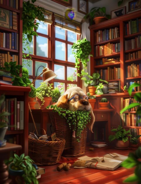 Photo a room with a dog in a basket with a shelf full of books