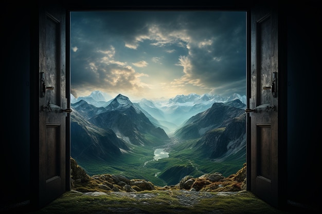 a room with a door that opens to a view of the mountains high quality