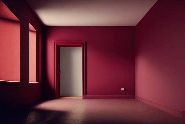 A room with an empty floor and a burgundy red wall