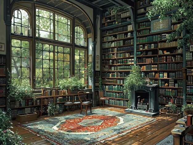 a room with a fireplace and a bookcase with a rug on the floor and a bookcase with a red circle on the top