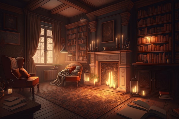 Room with fireplace and bookshelves Generative AI