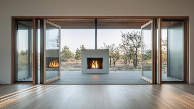 Photo a room with a fireplace and a fireplace with a view of the landscape