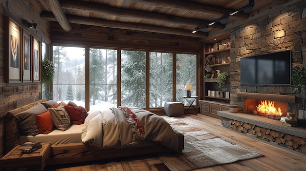 a room with a fireplace and a fireplace with a wooden ceiling