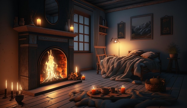 A room with a fireplace and a fireplace