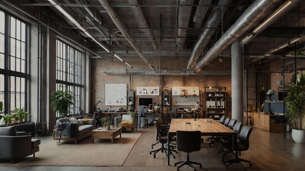 a room with a fireplace and a large wooden table