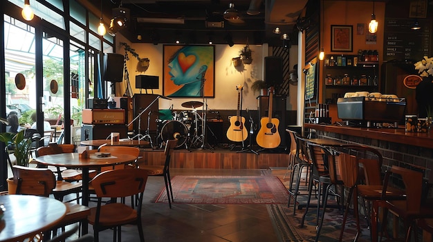 a room with a fireplace and a painting of a man playing guitar