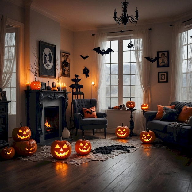 a room with a fireplace and pumpkins on the floor and a fireplace with bats hanging from the ceiling