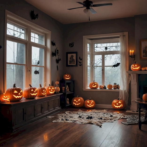 a room with a fireplace and pumpkins on the mantle