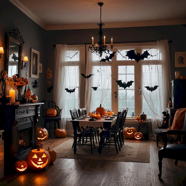 a room with a fireplace and pumpkins on the table