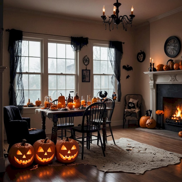 a room with a fireplace and pumpkins on the table