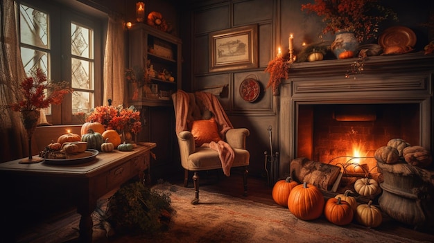 A room with a fireplace and pumpkins on the wall