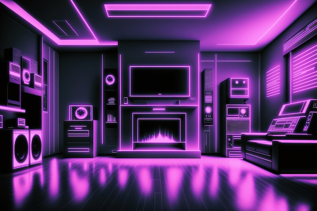 A room with a fireplace and a purple neon lights.