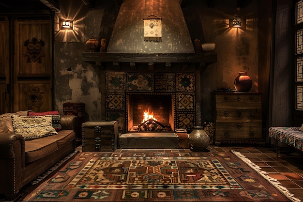 a room with a fireplace and a rug with a clock on it