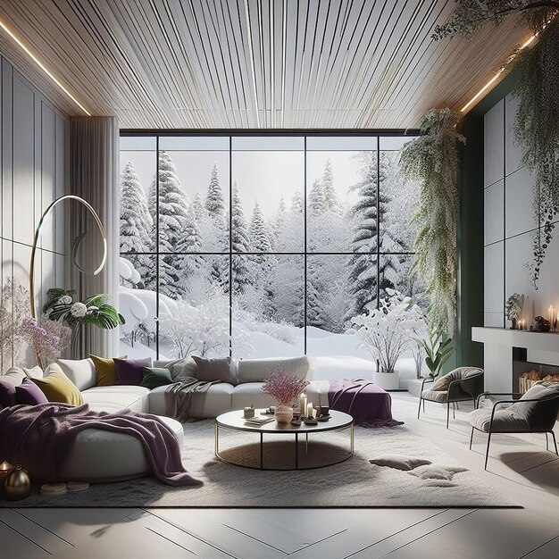 a room with a fireplace and a snow covered forest