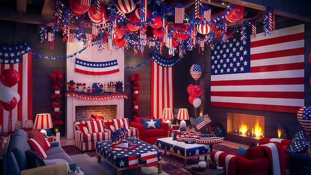 a room with a flag and a fireplace with a red white and blue flag