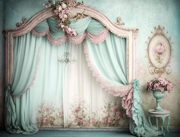 A room with a floral wallpaper and a bed with a curtain that says " the word " on it. "