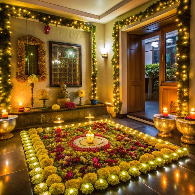 Photo a room with a flower arrangement and a fountain with a candle in it