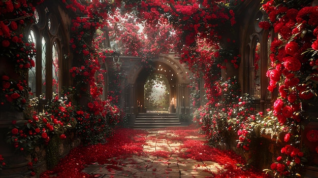 a room with a flower covered walkway and a red rose