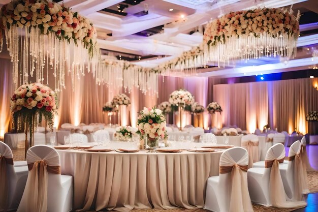 A room with a flower garland and a table cloth with flowers on it