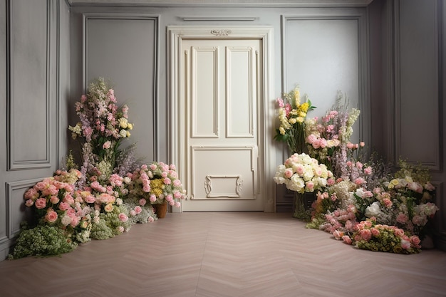 A room with flowers and a door photo backdrop