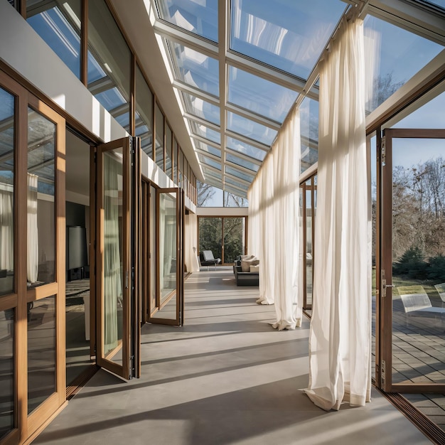 a room with a glass ceiling and a large window that has a curtain that says no one