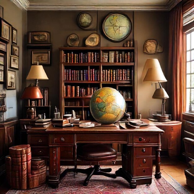 Photo a room with a globe on the desk and a globe on the table