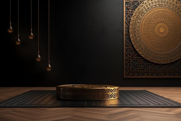 A room with a gold bowl on a black background