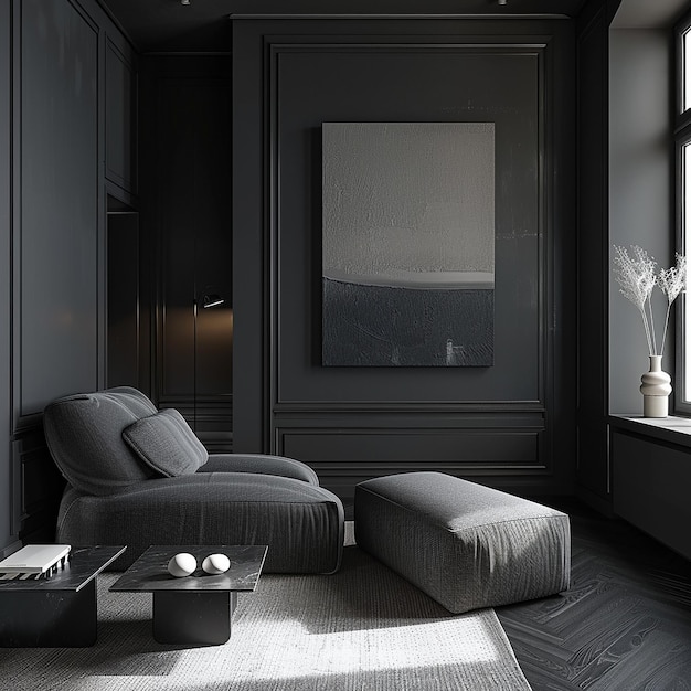 a room with a gray couch and a painting on the wall