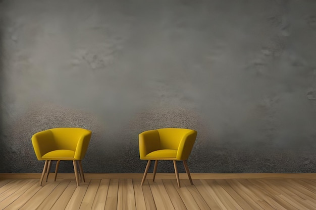 A room with a gray wall and two yellow chairs in front of it.