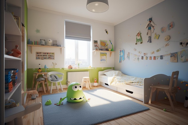 A room with a green monster on the floor