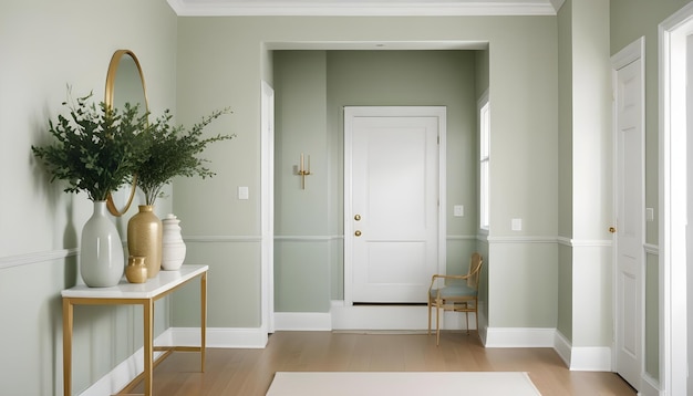 Photo a room with a green wall and a white door with a plant on the left