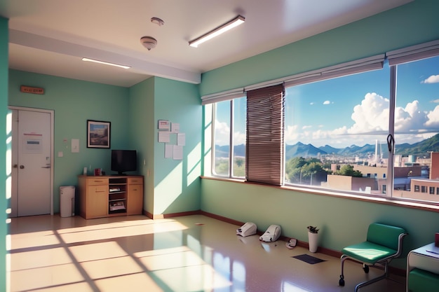 A room with a green wall and a window that says " mountain view ".