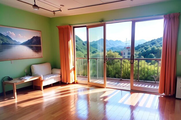 A room with a green wall and a window that says " the mountains are visible "