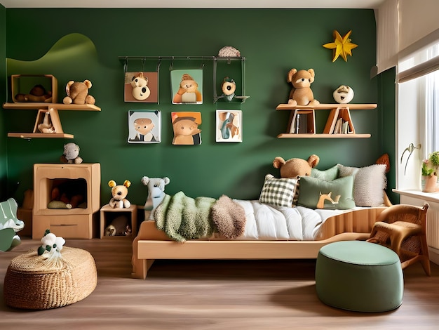 a room with a green wall with a bed and shelves with stuffed animals on it