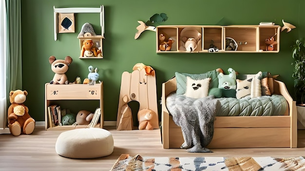 a room with a green wall with a cat and a shelf of toys