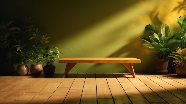 A room with a green wall and a wooden bench with plants on it.