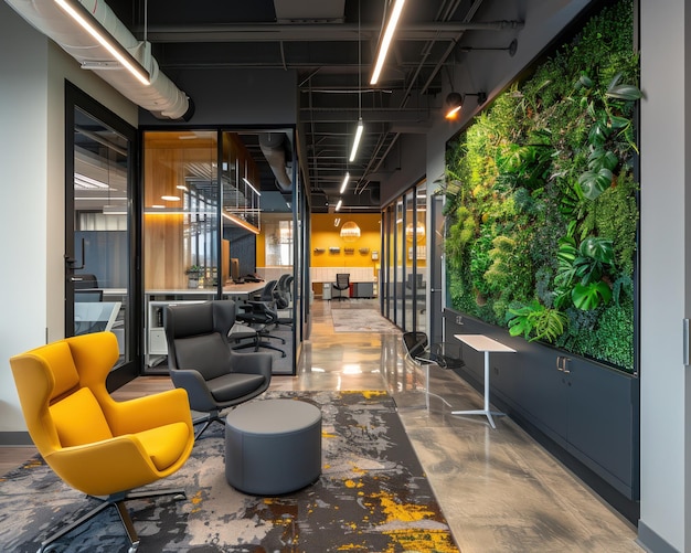 a room with a green wall and yellow chairs and a green wall of greenery